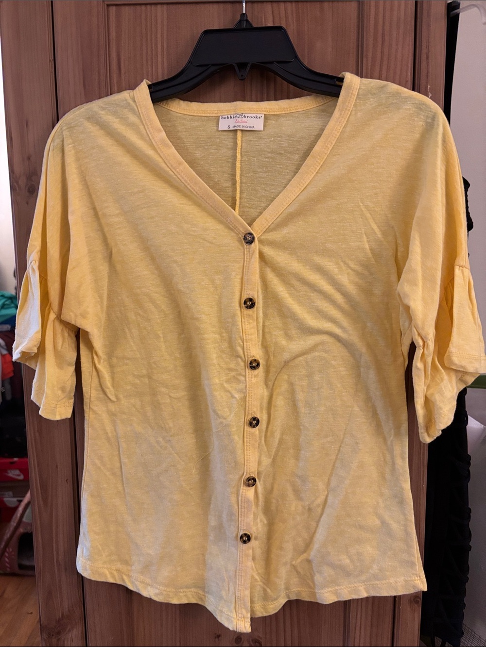 Bobbie Brooks Soft Yellow Button-Front Ruffle Sleeve Top